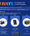 Infographic showing 3 ways to charge 12V 20Ah LiFePO4 Battery With 30A BMS And LCD Voltmeter using charger, solar panel, generator
