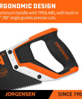Badass 15 Inch Hand Saw With 8 Tpi Coarse Triple Ground Teeth Cuts Hardwood Fast Using Sk5 High Carbon Steel For Aggressive Ripper Action And Includes Smart Edge Guard, showing ergonomic aluminum handle.