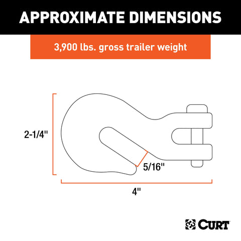 Dimensions of Forged Steel Clevis Grab Hook With 5/16 Inch Pin, 3,900 Lb Work Load Limit, illustrating size and measurements.