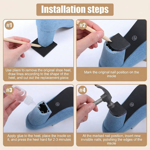 Installation steps of 4 Pack Boot Heel Patches And Sole Repair Caps Non Slip Rubber Heel Caps For Boots And High Heels Square Soles Tread Pads 2.44 X 2.44 Inches Black Nude Grip And Stability Boost shown with tools and blue shoe.