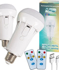 2 Pack Cordless Rechargeable Light Bulbs With Remote USB Charging, 12W Battery Operated Bulbs For Power Outages packaging and contents