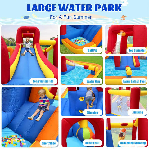 Image showing Inflatable Water Slide 10 In 1 Backyard Water Park With Bounce House And Splash Pool Two Slides Ball Pit Water Cannon Climbing Wall Overhead Sprinkler Boxing Ball And Basketball Hoop Epic Backyard Fun For Kids with features like long slide, ball pit, and climbing wall.