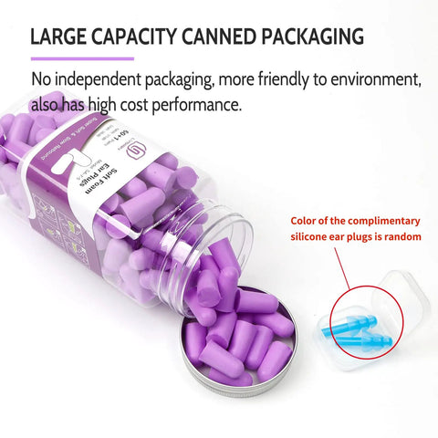Large jar of Ultra Soft Foam Earplugs For Sleeping And Travel, 38dB Noise Reduction, 60 Pairs Purple with an open lid and blue silicone pair.
