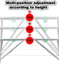 Multi-position adjusting features of Heavy Duty Foldable Scaffold Ladder With Sure Footing Steps Adjustable Height Work Platform Tower Stool Built Like A Tank For Welding And Crew Jobs Rated Eight Eighty Pounds.