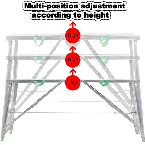 Multi-position adjusting features of Heavy Duty Foldable Scaffold Ladder With Sure Footing Steps Adjustable Height Work Platform Tower Stool Built Like A Tank For Welding And Crew Jobs Rated Eight Eighty Pounds.