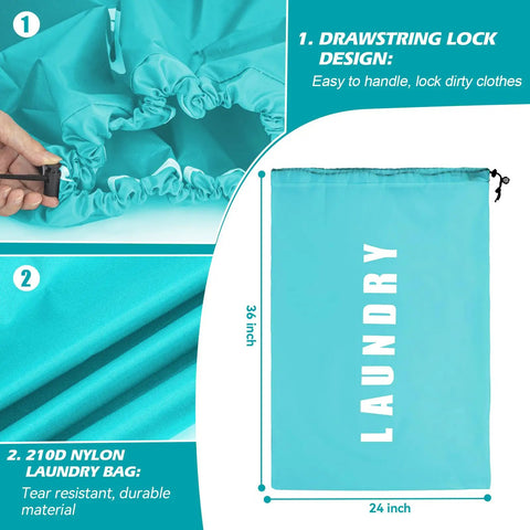 2 Pack Large Travel Laundry Bags For Dirty Clothes That Haul Easy 24 By 36 Inch Laundry Organizer Set, cyan drawstring detail