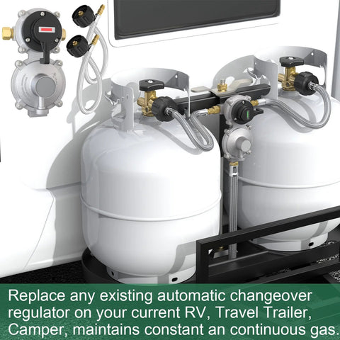 2-stage automatic changeover RV propane regulator with two 18-inch braided hoses on twin tanks