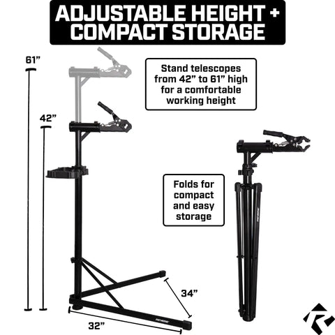 Heavy Duty E Bike Repair Stand With Telescoping Arm 360 Degree Rotating Clamp Magnetic Tool Tray And Adjustable Handlebar Rod