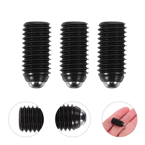 Lock It Down Tight With These 10 Pack Heavy Duty Carbon Steel Hex Ball Plunger Grub Screws, close-up of three black screws with ball end.