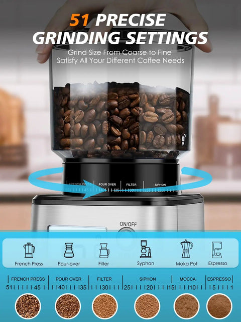 Conical Burr Espresso Grinder With 51mm Stepless Electric Bean Grinder, Pro Grade Grind Settings And Timer, coffee bean container.