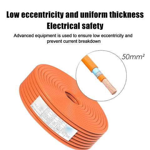 Heavy Duty Electric Power Cable 100 Foot Drop Featuring Xlpe Sheathing Dual Braid To Banish Noise And Pure Copper Core For Lightning Fast Chargers And Home Battery Banks Wired Tight Ready To Roll on a spool showing 50mm² conductor.