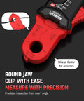 Close-up of red round jaw digital clamp meter with NCV, featuring "Clip with Ease, Measure with Precision" text overlay.