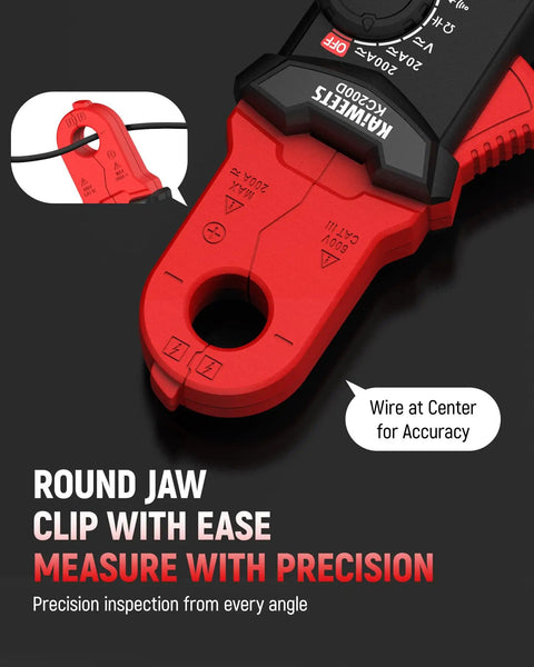 Close-up of red round jaw digital clamp meter with NCV, featuring "Clip with Ease, Measure with Precision" text overlay.