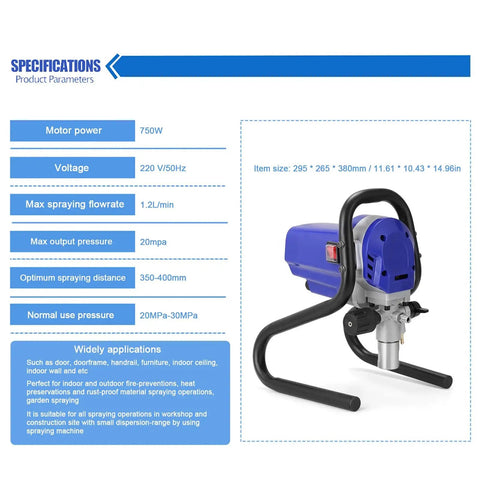 No Sweat Heavy Duty Airless Paint Sprayer With 750W Motor And 6000 Psi High Pressure Pump specifications showing size 295x265x380mm.