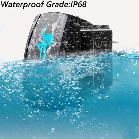2Pack 5 Pin SPST Rocker Switch Kit With Jumper Wires 12V 20A showing waterproof IP68 rating underwater with blue LED