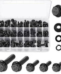 272 Piece Metric Flange Hex Bolt And Nut Set In M6 M8 M10 Alloy Steel, open organizer with black bolts and nuts