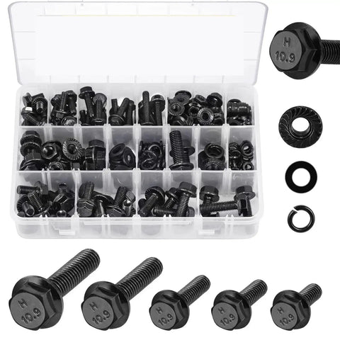 272 Piece Metric Flange Hex Bolt And Nut Set In M6 M8 M10 Alloy Steel, open organizer with black bolts and nuts