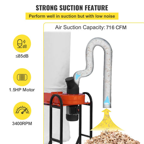 Pro Grade Portable Dust Collector With 716 CFM Vortex Cyclone System, 1.5 HP Motor, showing airflow and filter design