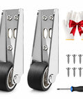Heavy Duty No Wobble Sliding Door Roller Wheels Vertical Track Bottom Support Fix For Barn Cabinet Gate And Furniture Stability Hardware Two Pack components with screws and tools.