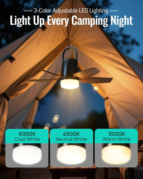 20 Inch Portable Ceiling Fan With Bright Led Light And Remote Control Quiet Cordless Outdoor And Indoor Patio Cooler 20000 Mah Rechargeable Battery with adjustable lighting.