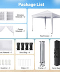 Package contents of Easy Up 10x10 Pop Up Canopy With Sidewalls One Push Instant Setup In A Snap, showing sidewalls, frame, and more.