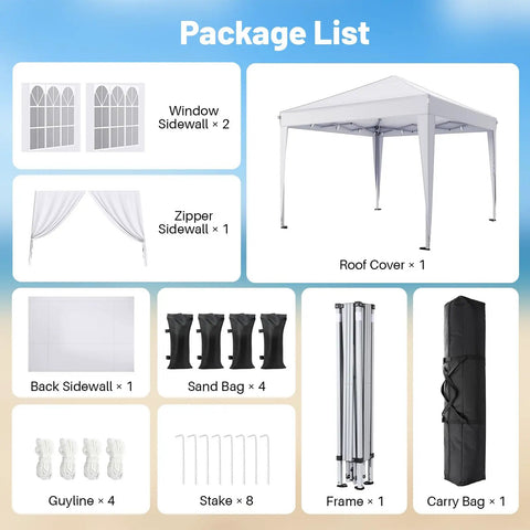 Package contents of Easy Up 10x10 Pop Up Canopy With Sidewalls One Push Instant Setup In A Snap, showing sidewalls, frame, and more.
