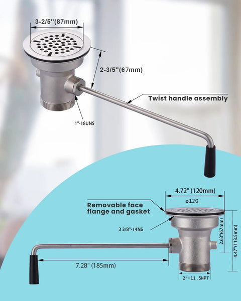 Heavy-Duty Brass Commercial Sink Drain With Twist Handle For Three And A Half Inch Openings, side view, with dimensions