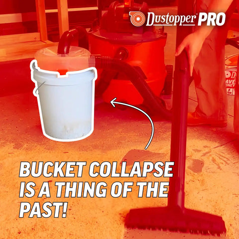 Dustopper 5 Gallon Heavy Duty Bucket For Shop Vac Systems next to vacuum, demonstrating durable dust collection for cleanup.