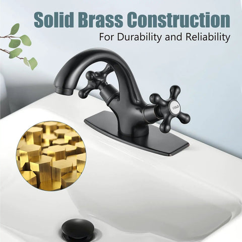 Oil Rubbed Bronze Bathroom Vessel Sink Faucet With Single Hole Deck Plate Pop Up Drain Dual Handle Cross Knobs Hot And Cold Water Vessel Basin Mixer Tap No Fuss Solid Brass on a white basin with a focus on solid brass construction and dual cross handles for hot and cold water.