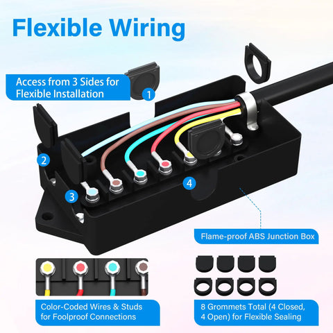 Flexible ABS junction box with color-coded wires for No Sweat Straight Plug And Play Heavy Duty 7 Way Trailer Cord Inline Wiring Harness 10 Foot Tow Kit.