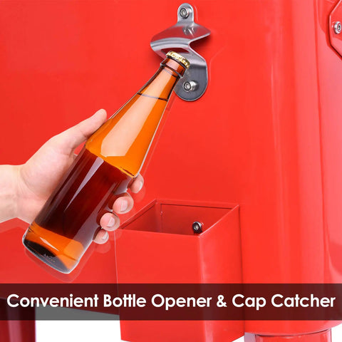Person using bottle opener and cap catcher on 80 Quart Rolling Cooler Ice Chest With Wheels And Bottle Opener, Party Ready Portable Bar Cart in Red.