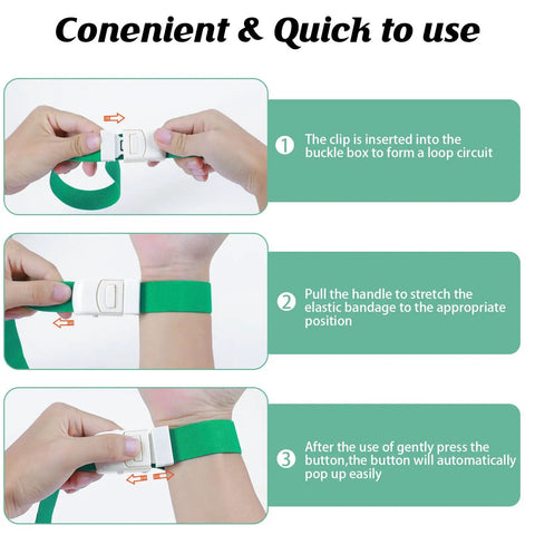 Instructional steps for using One Hand Hemostasis Tourniquet Kit With Elastic Quick Release Buckle in green color