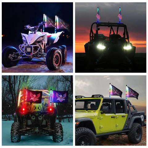 ATVs and UTVs with 2 Pack 2 Foot RGB LED Whip Light Kit With Bluetooth App Control And Remote DIY Chasing Modes