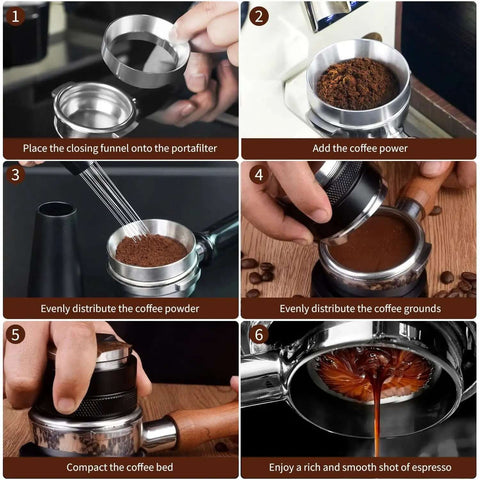 Heavy Duty 51mm Espresso Accessories Kit With Dual Head Coffee Distributor And Tamper WDT Tool And Magnetic Dosing Funnel in use