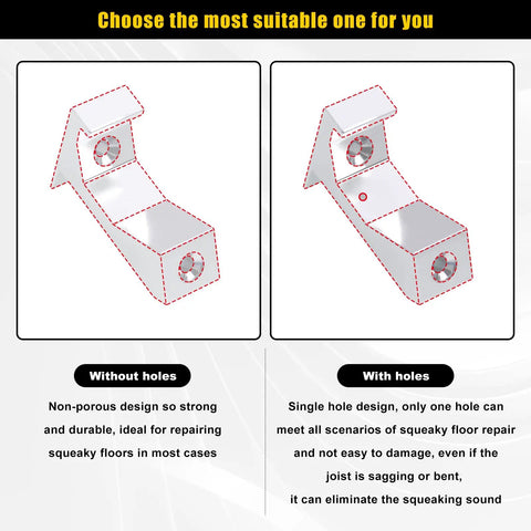Diagram showing bracket options for Relief Squeaky Floor Repair Kit For Wood And Laminate Floors Permanent Quiet Fix With 12 Brackets