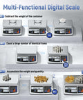 Multi-functional digital scale with display showing weight, tare, count, and accumulate functions for inventory counting of small parts.