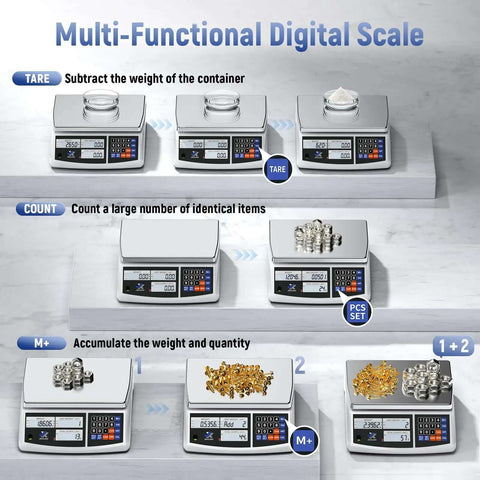 Multi-functional digital scale with display showing weight, tare, count, and accumulate functions for inventory counting of small parts.