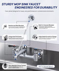 Heavy Duty Wall Mount Mop Sink Faucet With Vacuum Breaker Eight Inch Center Three Quarter Inch Hose Thread Industrial Outdoor Laundry Spigot Hot And Cold Brass Casted Chrome Plated Commercial Grade Tough As Nails with reinforced wall bracket and vacuum breaker, non-swivel spout.