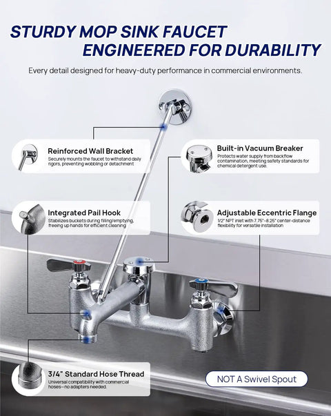 Heavy Duty Wall Mount Mop Sink Faucet With Vacuum Breaker Eight Inch Center Three Quarter Inch Hose Thread Industrial Outdoor Laundry Spigot Hot And Cold Brass Casted Chrome Plated Commercial Grade Tough As Nails with reinforced wall bracket and vacuum breaker, non-swivel spout.