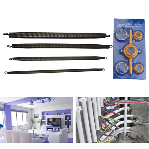 Fabulettas Six-Piece PPR Pipe Bender Spring And Manual Threader Tool Kit For Plastic Conduit showing springs and threading tools.