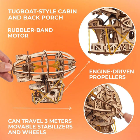 Steampunk Airship 3D Wooden Puzzle Kit Dope No Glue Required DIY Zeppelin Model with rubber-band motor and propellers detail