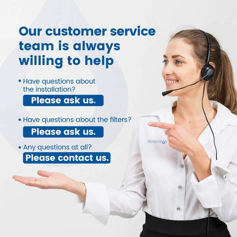 Customer service representative with headset pointing at contact information for Alkaline Water Filter Replacement For Pitcher Filtration System.