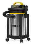 Heavy Duty Wet And Dry Vacuum Cleaner With 4 Gallon Tank And 4 HP Power, Stainless Steel Canister In Silver And Yellow On Wheels
