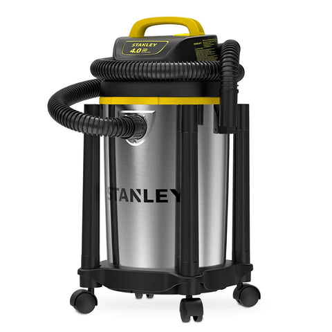 Heavy Duty Wet And Dry Vacuum Cleaner With 4 Gallon Tank And 4 HP Power, Stainless Steel Canister In Silver And Yellow On Wheels