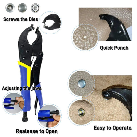 Heavy Duty Snap Button Kit With 100 Sets Of 15mm Metal Snaps For Clothing Leather Canvas And Boat Covers Includes Press Stud Tool With Three Dies And Clear Storage Box Four Color Pack Pro Grade with close-ups of tool operation.