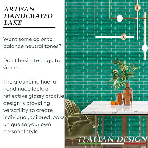 Modern dining room with green crackle glaze subway tiles, showcasing 12x10 Inch Peel And Stick Backsplash Tile For Kitchen And Bathroom.