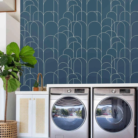 Blue Peel And Stick Geometric Wallpaper For Home Decor And Furniture Renovation Self Adhesive Matte Contact Paper 17.71 Inches By 118 Inches No Fuss Easy Install And Remove Removable Wall Covering For Quick Makeovers, shown on laundry room wall.