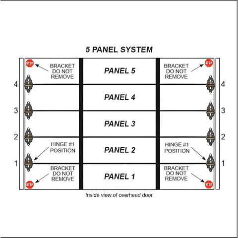 Diagram of 5 panel overhead door system showing hinge and bracket placements for Weather Sealing Garage Door Hinge Set For 4 To 7 Panel Doors