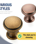 Two styles of 20 Pack Antique Brass Cabinet Knobs 1-1/4 Inch Round Drawer Handles with Fingerprint Resistant Swanky Finish