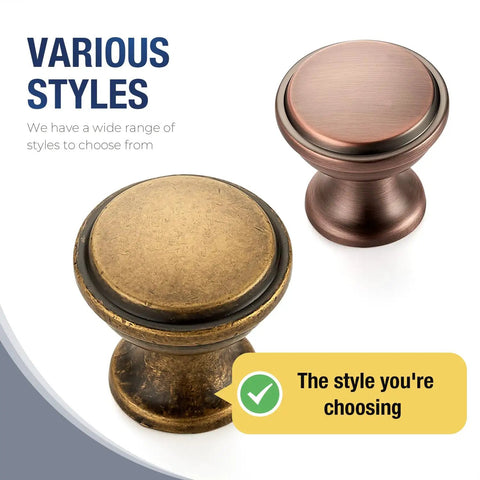Two styles of 20 Pack Antique Brass Cabinet Knobs 1-1/4 Inch Round Drawer Handles with Fingerprint Resistant Swanky Finish
